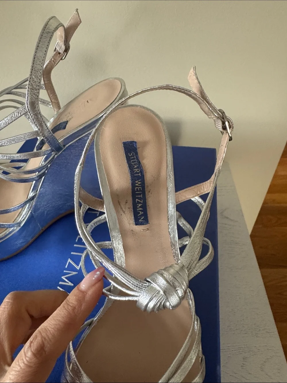 Stuart Weitzman Silver Metallic Saffron Strappy Wedge Sandals - Picture 6 of 11